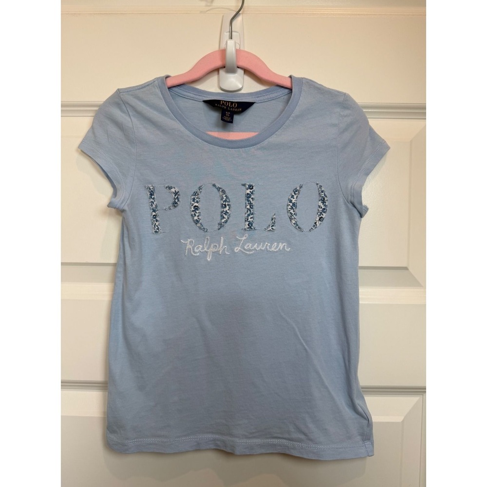 29. Polo Ralph Lauren Girls Light Blue Floral Logo Graphic T-Shirt Size 7 S/P